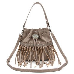 Cowgirl Trendy Western Concho Fringe Drawstring Bucket Handbag-natural