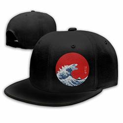Godzilla Japanese Flag Hokusai Gojira Great Wave Kaiju Adjustable Flat Bill Snapback Baseball Hip-hop Cap Hat Black