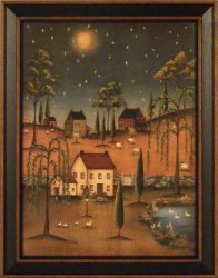 Village Full Moon By Kim Lewis 15X19 Saltbox Houses Willow Trees Night Stars Primitive Folk Art Print Wall D Cor Framed Picture