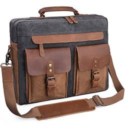 Mens Messenger Bag 15.6 Inch Vintage Genuine Leather Briefcase Waterproof Waxed Canvas Laptop Computer Bag Large Leather Satchel Shoulder Bag Grey