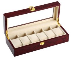 Elegant 6 Grid Watch Display Collection Case Jewellery Storage Organizer - Cherry Wood