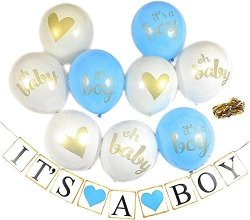 Baby Shower Party Decorations Bachelorette Decor Pre-assembled Banner It's A Boy & 9 Piece Balloons With Ribbon Gold Blue White Hang On Wall Chair