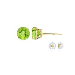 14K Solid Yellow Gold 4MM Round Natural Green Peridot August Birthstone Prong Set Stud Earrings For Women And Girls