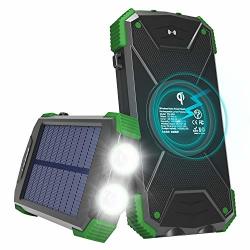 Solar Charger With Qi Wireless Charging Fojojo 10000MAH Solar Phone Charger With 2.1A Input output Waterproof Outdoor Portable Solar Power Bank With Strong Flashlight And
