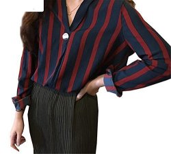 Mannerg Women Tops Striped Chiffon Blouse Female Deep V-neck Long Sleeve Women's Blusas Medium Red