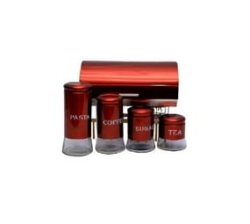 Red Bread Bin With Tea Coffee Sugar & Pasta 5 Piece Canister Set