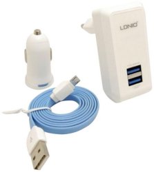 LDNIO 2.1a 3 In 1 Travel And Car Charger 2 Usb Port With Micro Usb Cable Compatible With Samsung huawei lg nokia htc apple