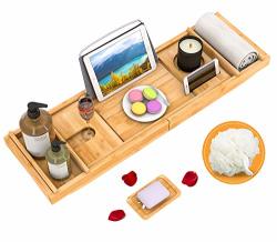 Domax Bathtub Caddy Tray Expandable Bamboo Tub Tray For Luxury Bath With Book Holder And Free Soap Dish Yellow