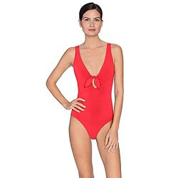 Robin Piccone Women's Ava Knot Plunge One Piece Swimsuit 14 Fiery Red