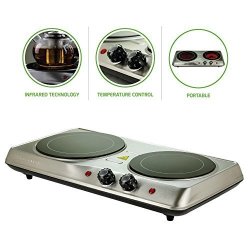 Ovente Electric Infrared Burner, Double-Plate 7 (1000W) + 6.5 (700W)  Ceramic Glass Cooktop, Silver (BGI102S)