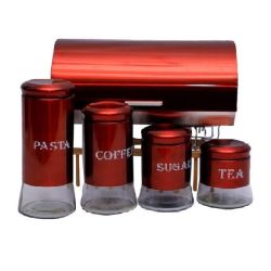 Bread Bin With Tea Coffee Sugar & Pasta 5 Piece Canister Set - Red