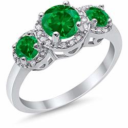 Blue Apple Co. 3 Stone Halo Wedding Engagement Band Ring Round Simulated Green Emerald Round Cz 925 Sterling Silver