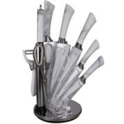 9PC Knife Set With Stand White Stainless Steel Knives 1 X 6.5″ Cleaver 1 X 8″ Chef Knife 1 X 8″ Slice Knife