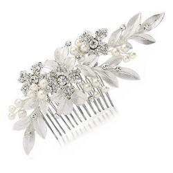 Mariell Couture Bridal Hair Comb With Hand Painted Leaves Pave Crystal & Pearls