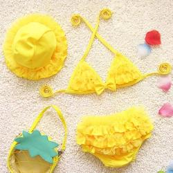 Baby Girl Bikini Lace 3 Pieces Bikini Set Cute Swimsuit With Hat Size: L Yellow