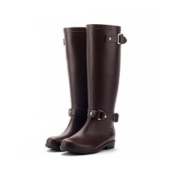 Colorxy Womens Stylish Snow Rain Waterproof Tall Wellies Adjustable Buckle Strap Knee High Zip Rain Wellington Boots