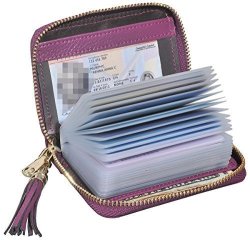 Easyoulife Genuine Leather Credit Card Holder Zipper Wallet With 26 Card Slots Purple With Metal Zipper