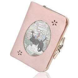 Women's Wallet Vintage Cute Pattern Leather Card Holder Bifold Coin Purse Pink