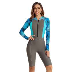 Women's Blue And Grey Crush Long Sleeve Shorts Swimwear - XL