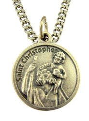 Silver Tone Saint Christopher The Christ Bearer Medal On Chain 3 4 Inch