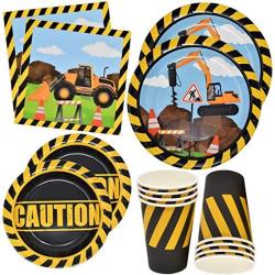 Gift Boutique Construction Themed Birthday Party Supplies Tableware Set 24 9" Paper Dinner Plates 24 7" Dessert Plate 24 9 Oz. Cups 50 Lunch Napkins Digger Truck Bulldozer Vehicle Construction Zone Site Decorations