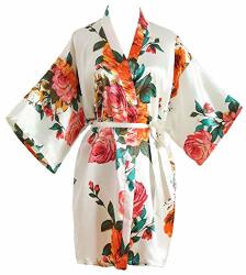 Peony Floral Silk Kimono Robe Bridal Bridesmaid Robes Dressing Gown For Women White