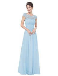 Ever-pretty Womens Cap Sleeve Lace Neckline Ruched Bust Evening Gown Sky Blue US18