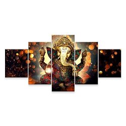 VIIVEI WALL ART Canvas Painting Wall Art Home Decor For Living Room HD Prints 5 Pieces Elephant Trunk God Modular Poster Ganesha Pictures Wooden Bar Frame Ready To Hang