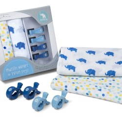 2 Pack Wraps & 4 Pram Pegs Spots And Blue Elephant