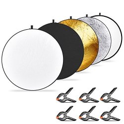 Neewer 5-IN-1 Collapsible Multi-disc Light Reflector 15.7 Inches 40 Centimeters Translucent silver gold white black And 6-PACK Muslin Backdrop Spring Clamps For Studio Or Outdoor Photography