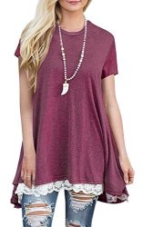 Wekili Women's Tops Short Sleeve Lace Scoop Neck A-line Tunic Blouse S-red M us 8-10