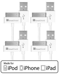 Apple 4S Cable Greatshield 3FT 0.9M - 4 Pack Mfi Certified 30-PIN 2-IN-1 USB Sync & Charge Data Charging Cable For 3G 3GS 4 4S Ipad
