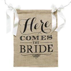 Wedding Day "here Comes The Bride" Burlap & White Satin Ribbon Signs For Decor
