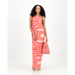 Plisse Open Back Dress - Pink Red & Orange Swirl - L