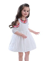 Little Girls Off Shoulder Dress White Appliques Flower Tunic Shift For Children Beach Clothes XL