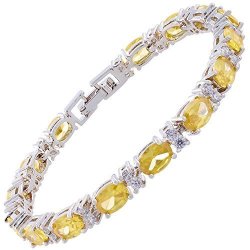 Oval Cut Simulated Yellow Citrine And White Cubic Zirconia 18K White Gold Plated Tennis Bracelet 7