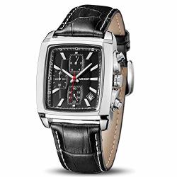 Megir Men's Business Analog Fashion Casual Chronograph Rectangular Luminous Quartz Wrist Watch With Black Leather Strap For Work & Sports 2028 Black