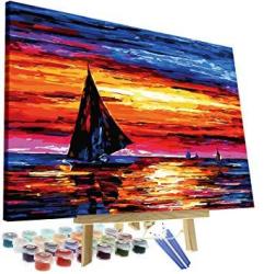 Diy Oil Painting Paint By Numbers Kit For Adults Kids Beginner - Sailboat Sunset 12"X16" With Wooden Frame And Easel