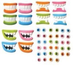 24PK Silly Face Pieces 1" - 1 3 4" Edible Sugar Decoration Toppers For Cakes Cupcakes Cake Pops W. Edible Sparkle Flakes & Decorating Stickers