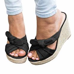 Syktkmx Womens Peep Toe Espadrille Platform Wedges Slip On Heeled Tie Knot Slides Sandals 8 B M Us Black