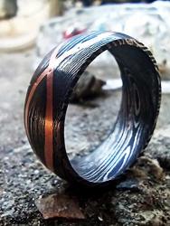 Damascus Steel Custom Handmade Beautiful Ring With Copper Line