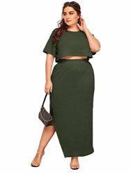 Shein Women's 2 Piece Plus Short Sleeve Round Neck Crop Tee And Rib-knit Split Skirts Dark Green 3X-LARGE Plus