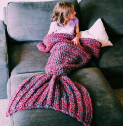 Wool Knitted Mermaid Tail Blanket Handmade Children Throw Bed Wrap - Purple