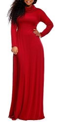 Women Boloren Full Sleeve Cowl Neck Plain Color Thicken Loose Casual Long Maxi Dress Red No Pocket Xx-large