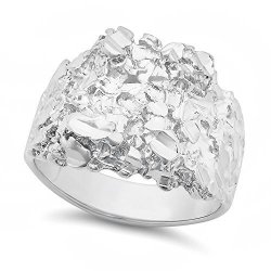 The Bling Factory Men's Rhodium Plated Chunky Nugget Ring - Size 12 + Microfiber Jewelry Polishing Cloth