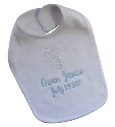 Christening Bib For Baby Boys Personalized With Baptism Date And Name In Light Blue Thread