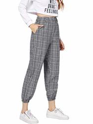 Shein Women's Casual Side Pockets Elastic Waist Plaid Pants Small Grey