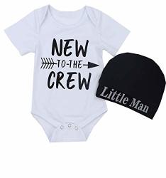 Newborn Baby Boy Clothes New To The Crew Letter Print Romper + Hat 2PCS Outfits Set 6-9 Months