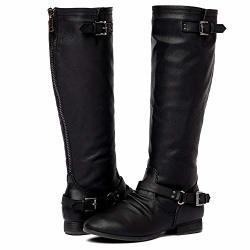 Womens Block Low Heel Knee High Boots Zipper Closure With Buckle Fashion Riding Boots Black 7