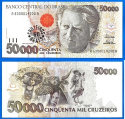 Brazil 50000 Cruzeiros 1993 Stamped 50 Reais Unc Serie A Sign 29 South America Banknote